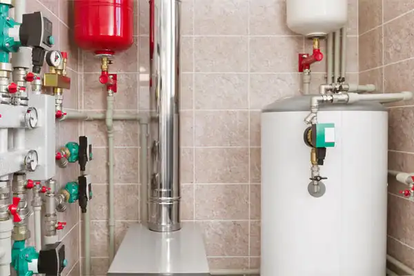 A boiler room bustling with pipes and gauges features a red expansion tank beside a large water heater, highlighting the difference in their essential functions within the neatly tiled space.